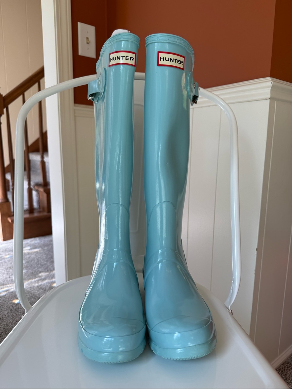 Hunter Women's Tall Gloss Rain Boots in Aqua Blue, size 6